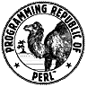 A circural black and white badge that
										  depicts a camel (perl's programming
										  language mascot). At the borders of
										  the badge there is an inscription
										  writting Programming Republic of
										  Perl.